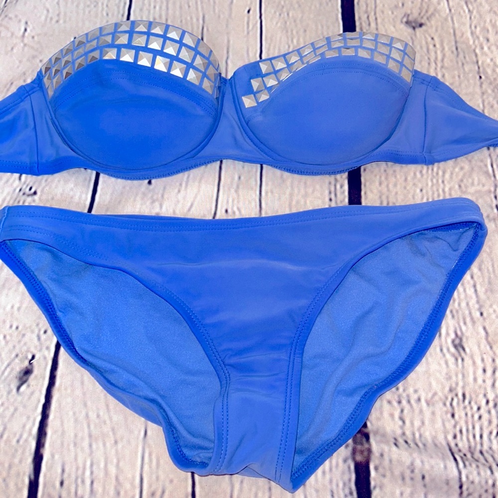 Xhilaration Blue Silver Studded Strapless Bikini Swimsuit Set